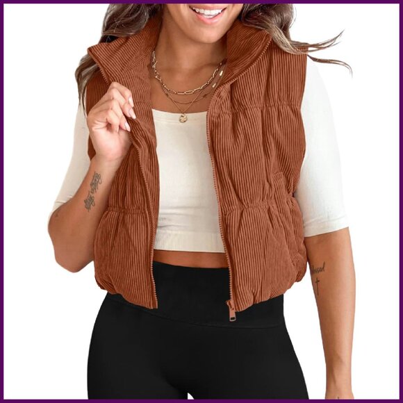 Cropped Corduroy Puffer Vest Lightweight Sleeveless Zip Up Warm Outerwear